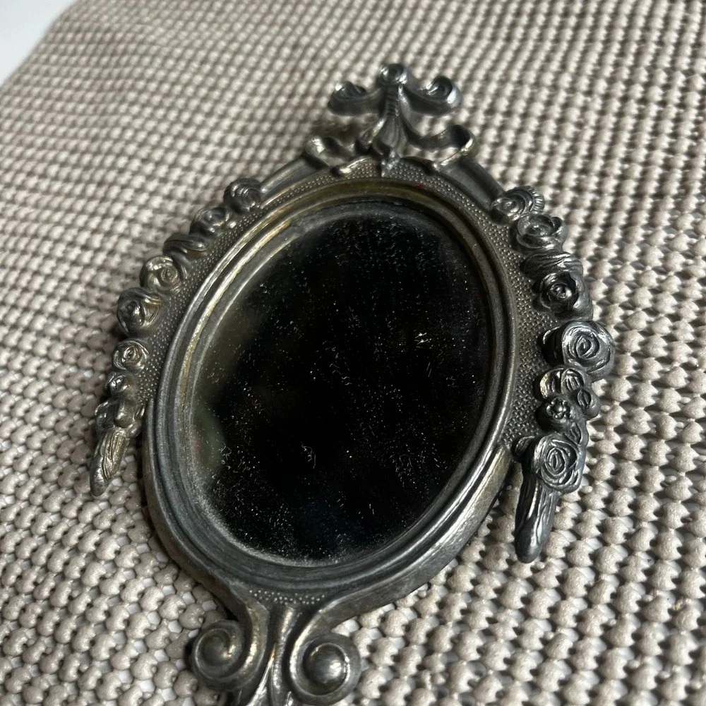Vintage Italy Miniature Oval Wall Mirror Silver Tone Rose Floral Bow Ornate 5